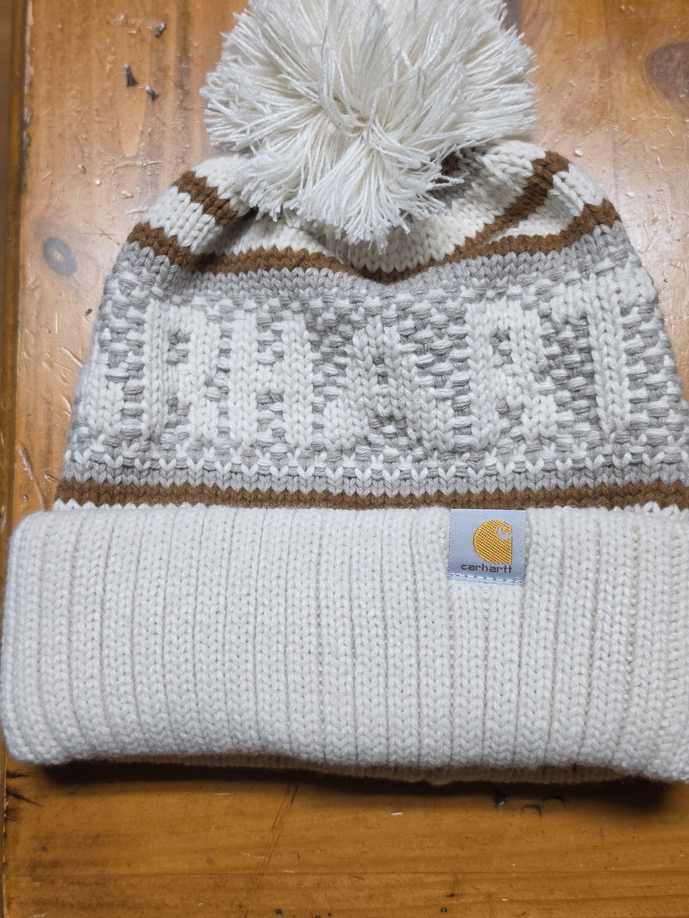 Carhartt Kids Cream and Brown Pom Beanie